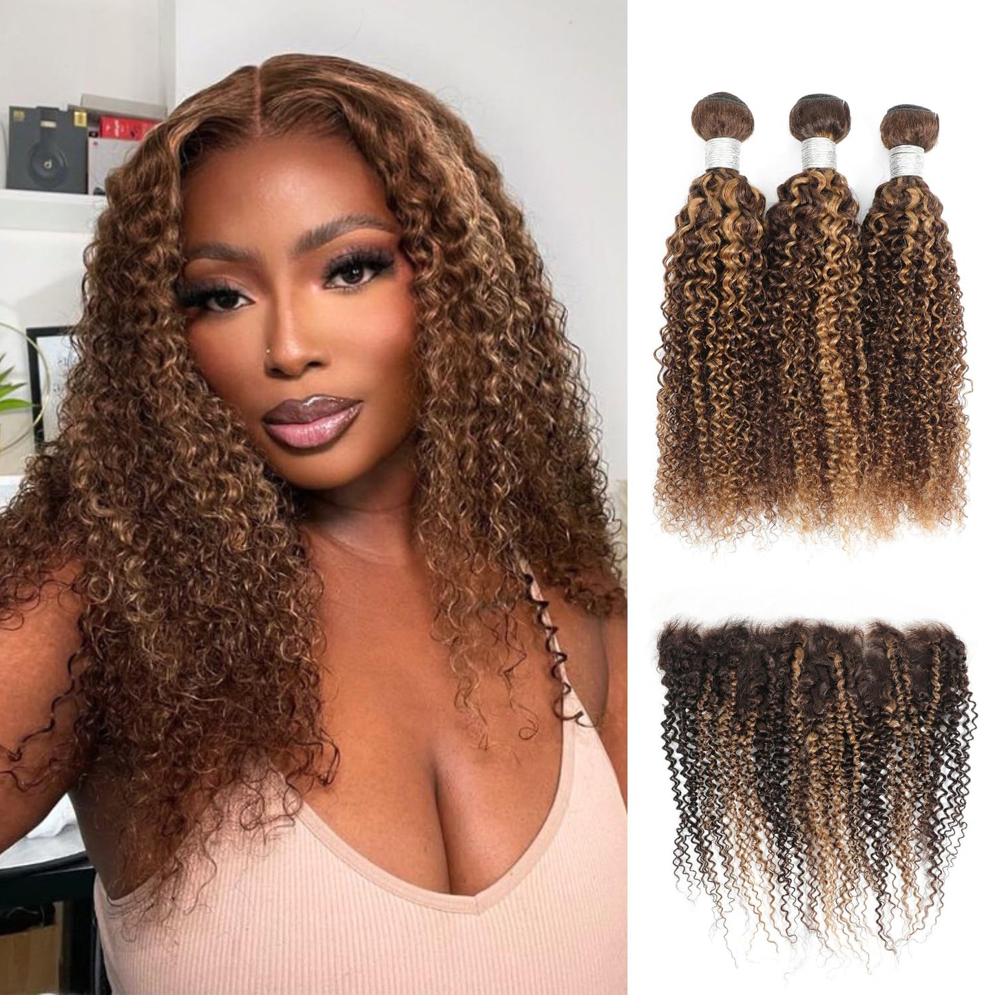 #4/27 Ombre Brown Human Hair Bundles with 13x4 Ear to Ear Transparent Lace Frontal Include Body Wave Deep Wave Water Wave Kinky Curly