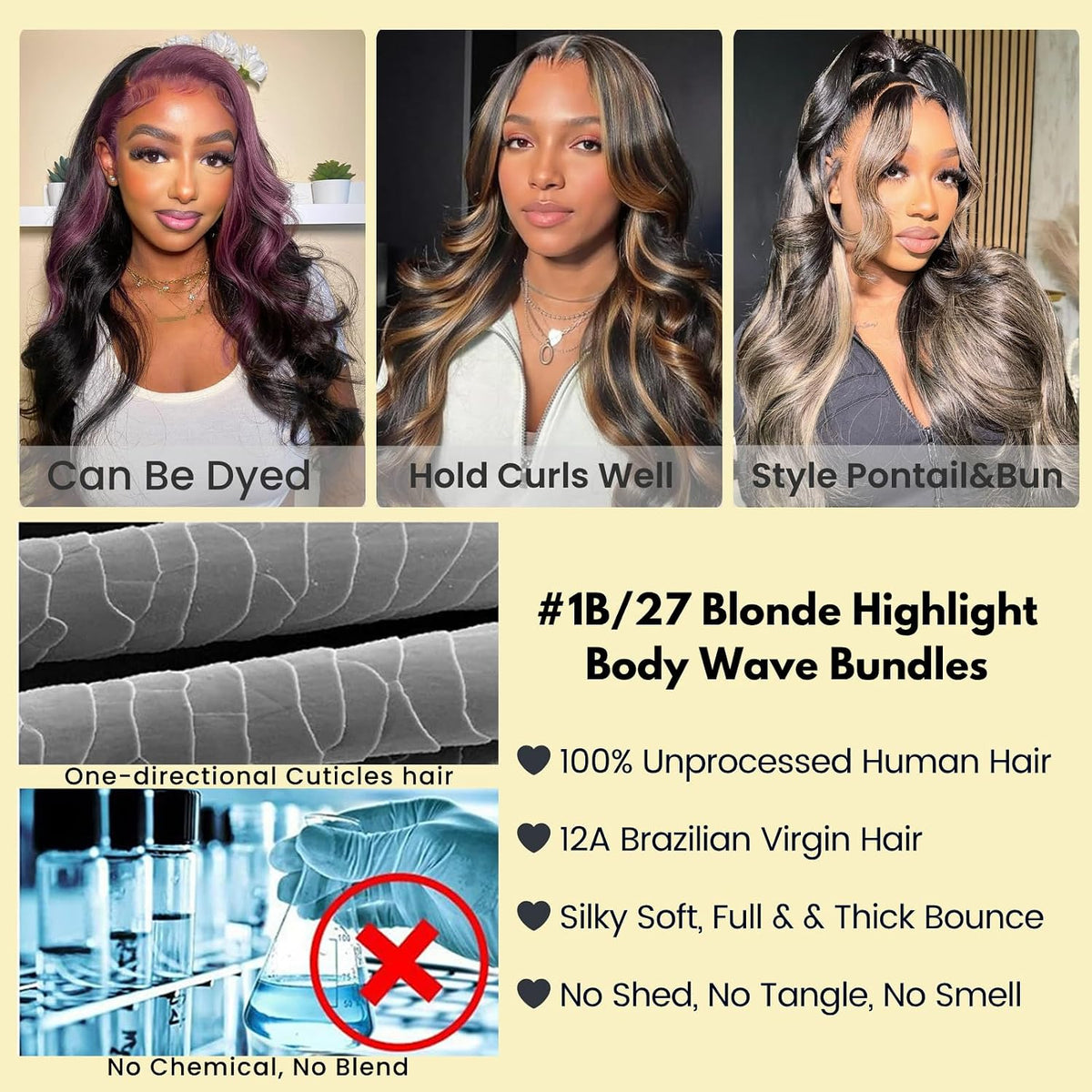 12A #F1B/27 Blonde Ombre Human Hair Bundles With HD Lace Closure Body Wave, 100% Remy Hair Black and Blonde Highlight Colored